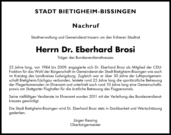 Traueranzeige von Eberhard Brosi von Bietigheimer Zeitung
