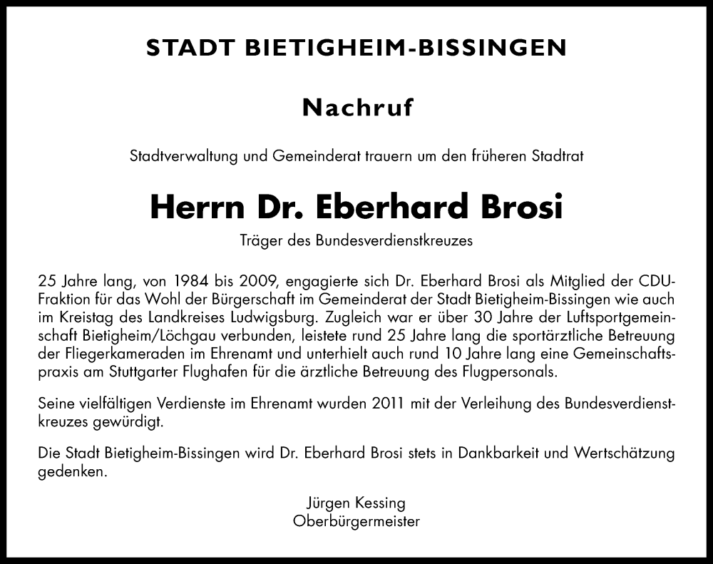  Traueranzeige für Eberhard Brosi vom 20.09.2025 aus Bietigheimer Zeitung