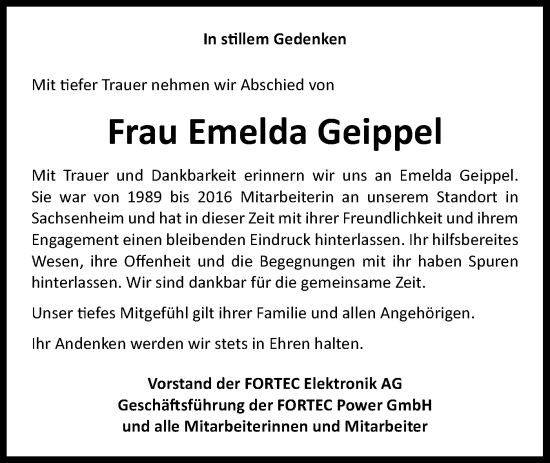 Traueranzeige von Emelda Geippel von Bietigheimer Zeitung