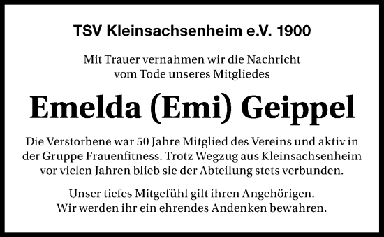 Traueranzeige von Emelda Geippel von Bietigheimer Zeitung