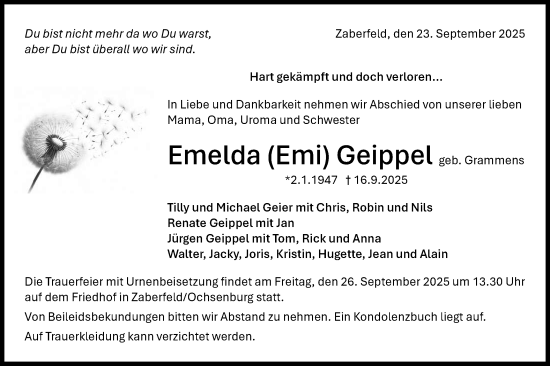 Traueranzeige von Emelda Geippel von Bietigheimer Zeitung