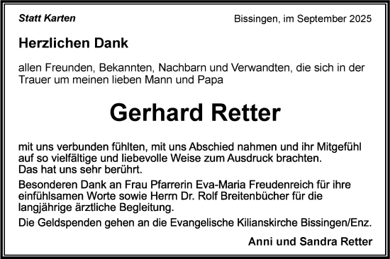 Traueranzeige von Gerhard Retter von Bietigheimer Zeitung