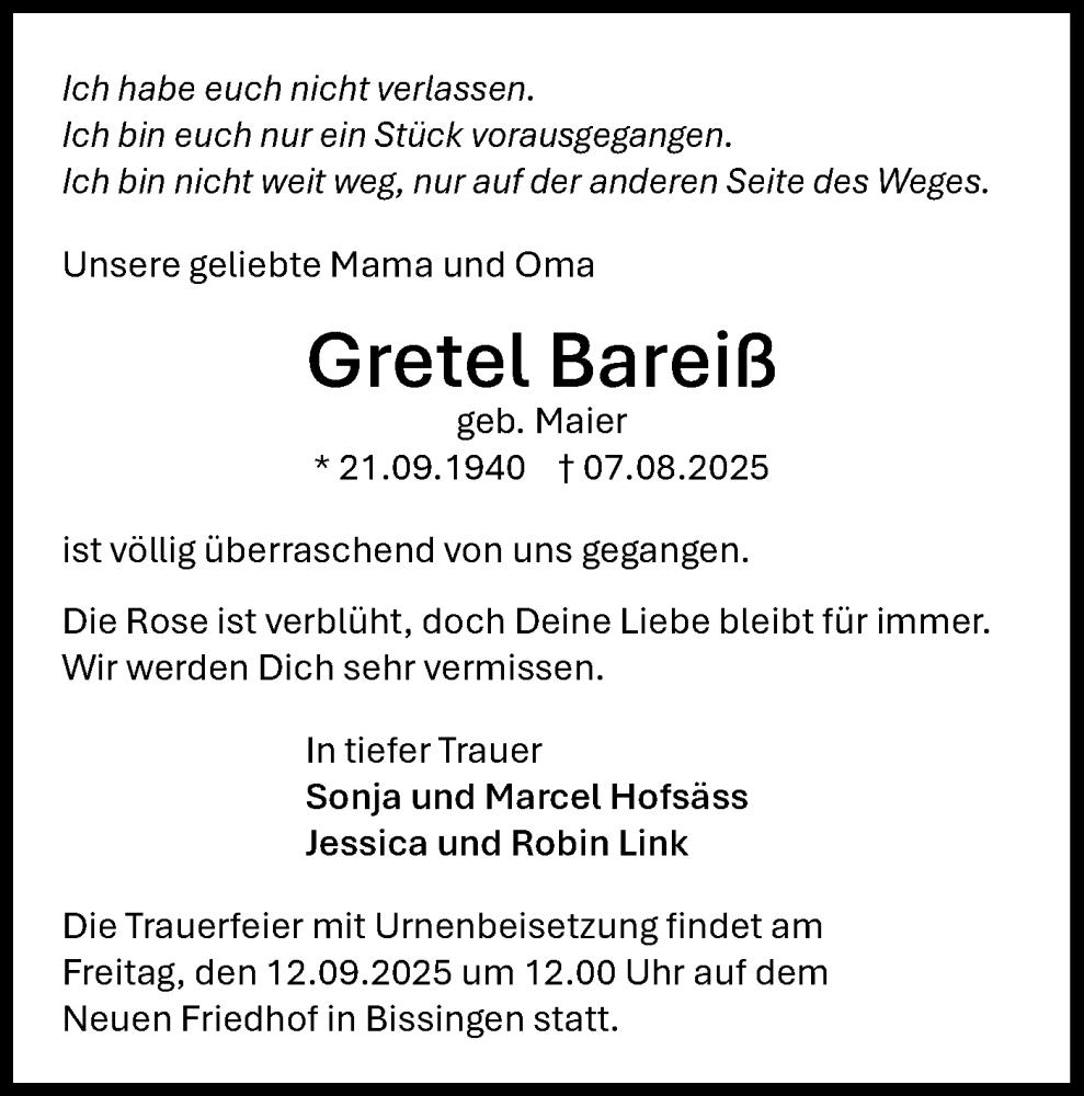  Traueranzeige für Gretel Bareiß vom 08.09.2025 aus Bietigheimer Zeitung