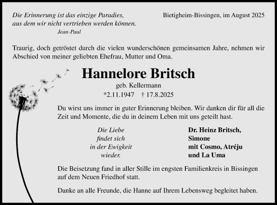Traueranzeige von Hannelore Britsch von Bietigheimer Zeitung