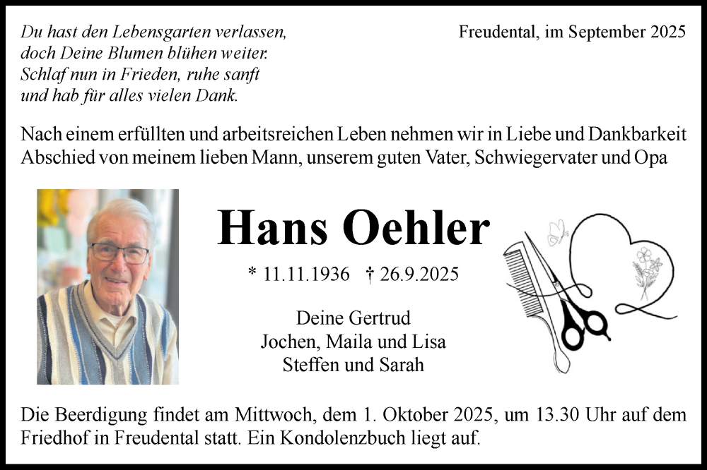  Traueranzeige für Hans Oehler vom 30.09.2025 aus Bietigheimer Zeitung