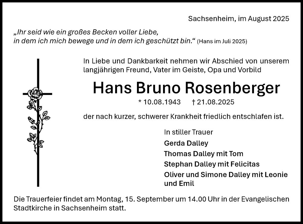 Traueranzeige für Hans Bruno Rosenberger vom 03.09.2025 aus Bietigheimer Zeitung