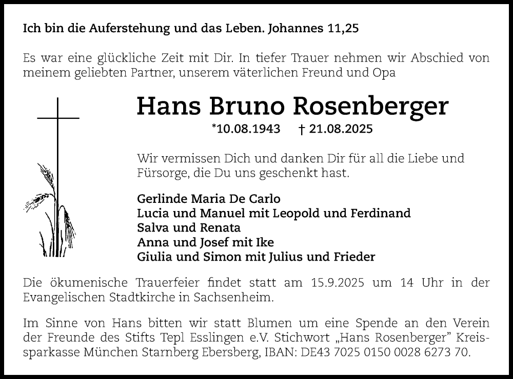  Traueranzeige für Hans Bruno Rosenberger vom 11.09.2025 aus Bietigheimer Zeitung
