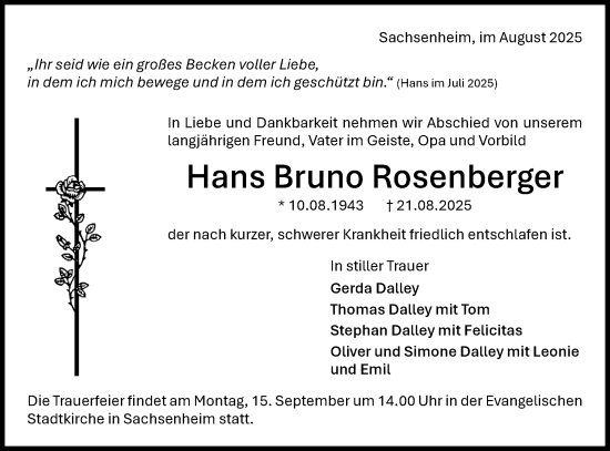 Traueranzeige von Hans Bruno Rosenberger von Bietigheimer Zeitung