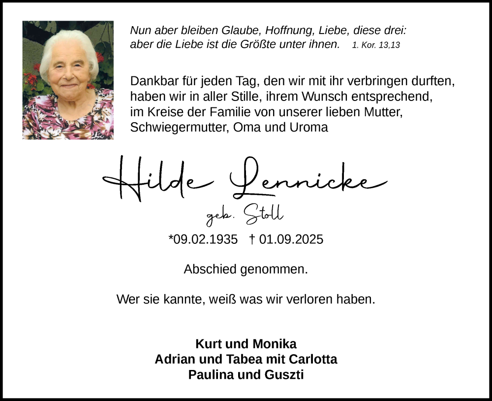  Traueranzeige für Hilde Lennicke vom 13.09.2025 aus Bietigheimer Zeitung