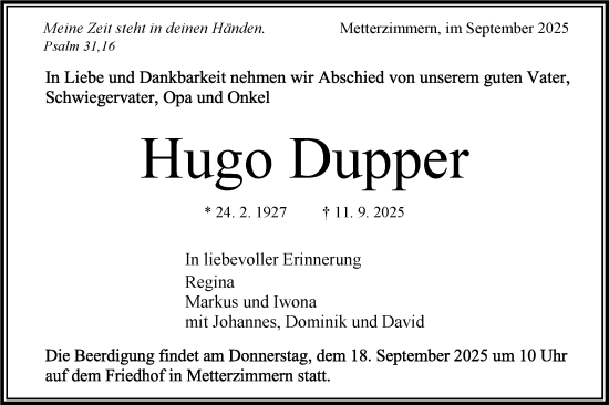 Traueranzeige von Hugo Dupper von Bietigheimer Zeitung