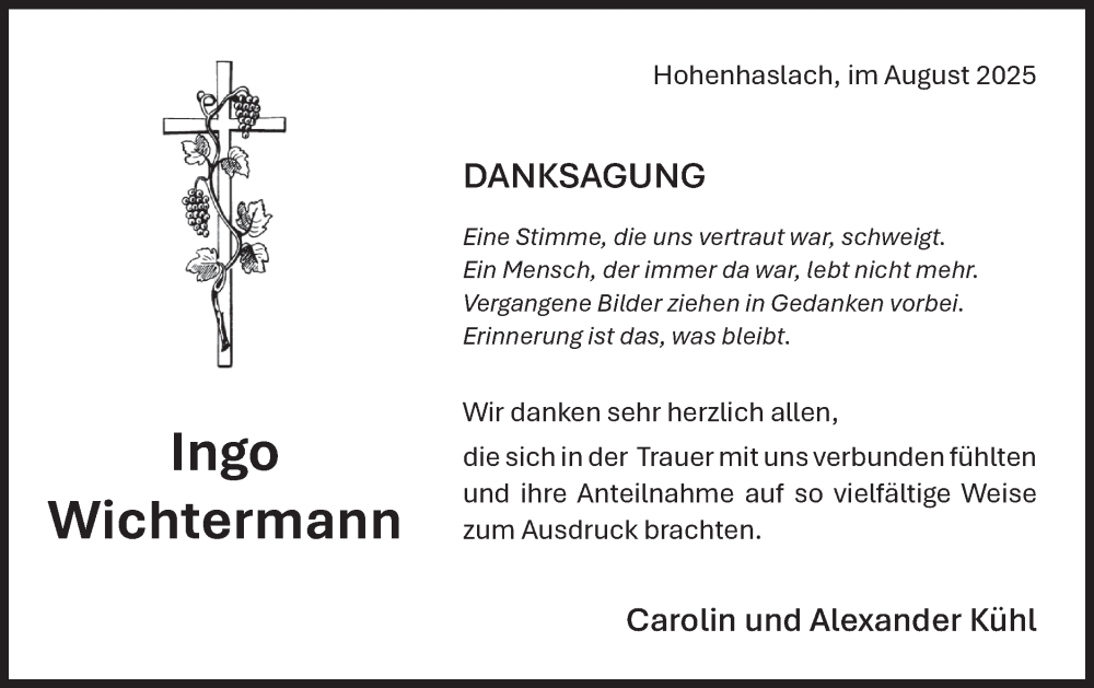  Traueranzeige für  Ingo  Wichtermann vom 03.09.2025 aus Bietigheimer Zeitung