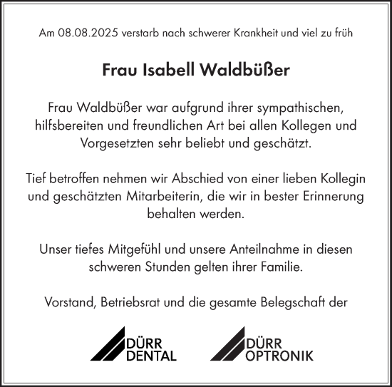 Traueranzeige von Isabell Waldbüßer von Bietigheimer Zeitung