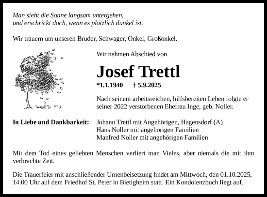 Traueranzeige von Josef Trettl von Bietigheimer Zeitung