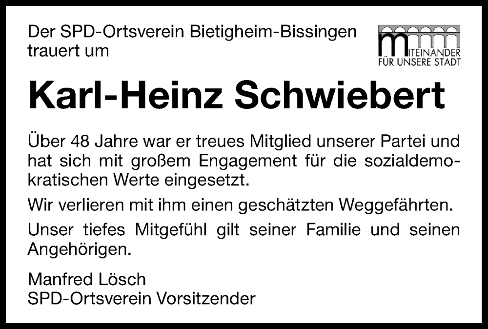  Traueranzeige für Karl-Heinz Schwiebert vom 10.09.2025 aus Bietigheimer Zeitung