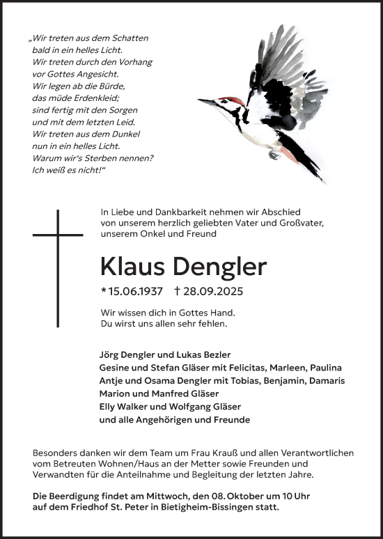 Traueranzeige von Klaus Dengler von Bietigheimer Zeitung