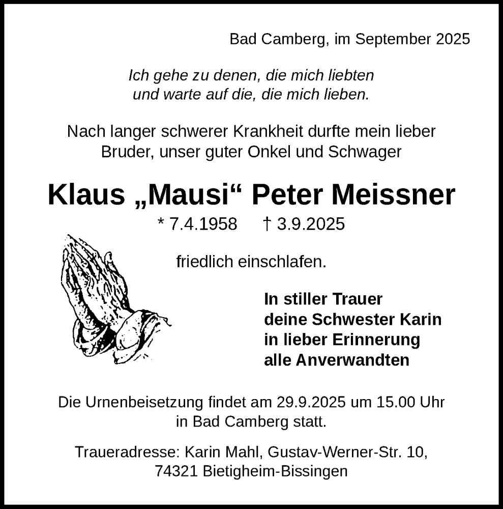  Traueranzeige für Klaus Peter Meissner vom 20.09.2025 aus Bietigheimer Zeitung