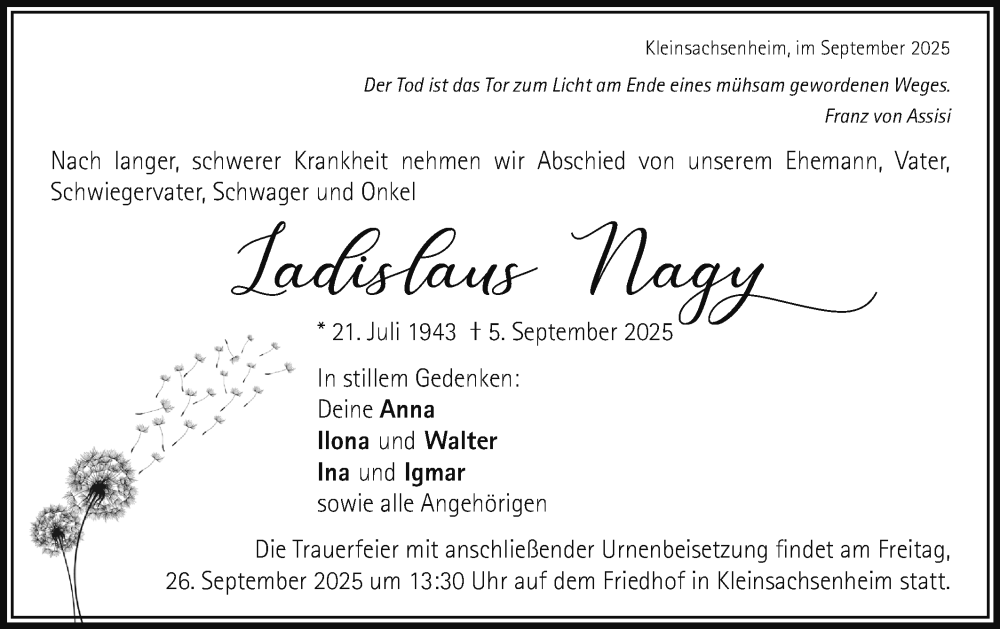  Traueranzeige für Ladislaus Nagy vom 20.09.2025 aus Bietigheimer Zeitung
