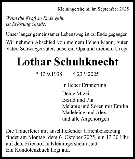 Traueranzeige von Lothar Schuhknecht von Bietigheimer Zeitung