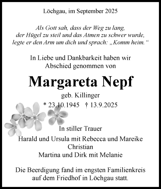 Traueranzeige von Margareta Nepf von Bietigheimer Zeitung