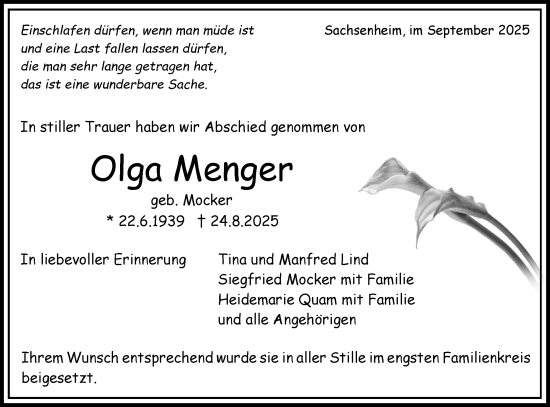 Traueranzeige von Olga Menger von Bietigheimer Zeitung
