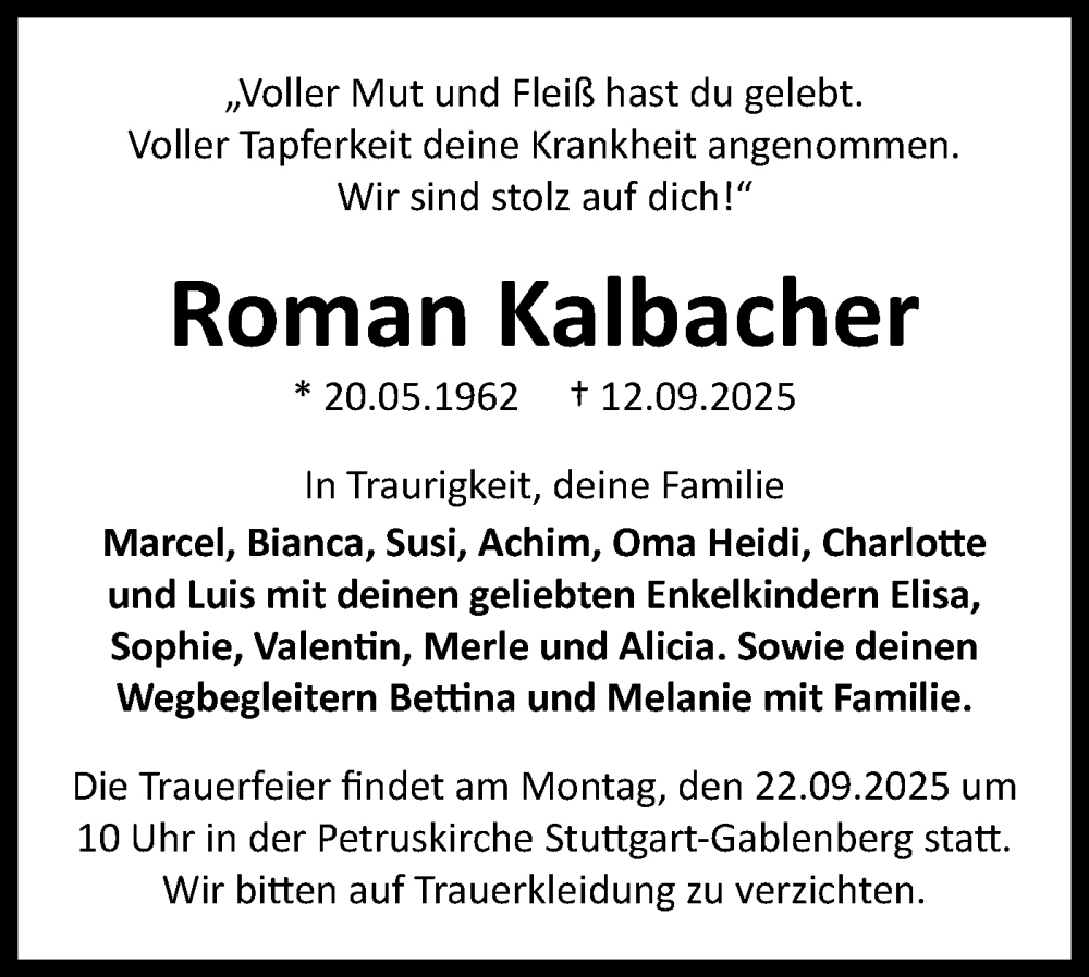  Traueranzeige für Roman Kalbacher vom 17.09.2025 aus Bietigheimer Zeitung