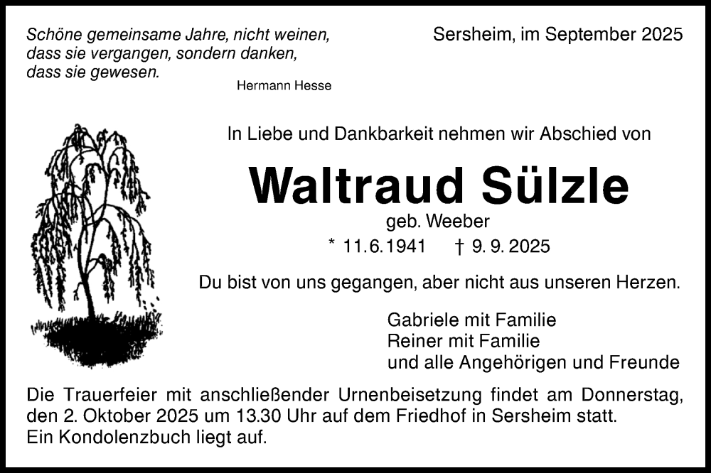  Traueranzeige für Waltraud Sülzle vom 26.09.2025 aus Bietigheimer Zeitung