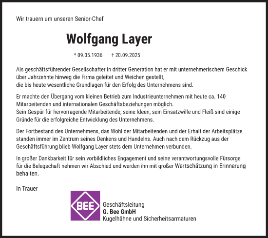 Traueranzeige von Wolfgang Layer von Bietigheimer Zeitung