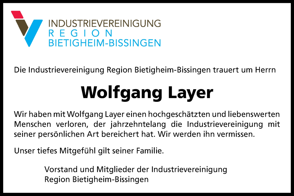  Traueranzeige für Wolfgang Layer vom 26.09.2025 aus Bietigheimer Zeitung