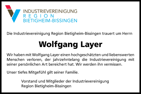 Traueranzeige von Wolfgang Layer von Bietigheimer Zeitung