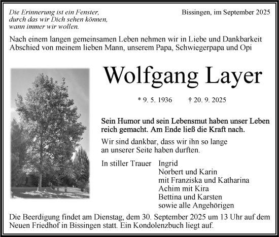 Traueranzeige von Wolfgang Layer von Bietigheimer Zeitung