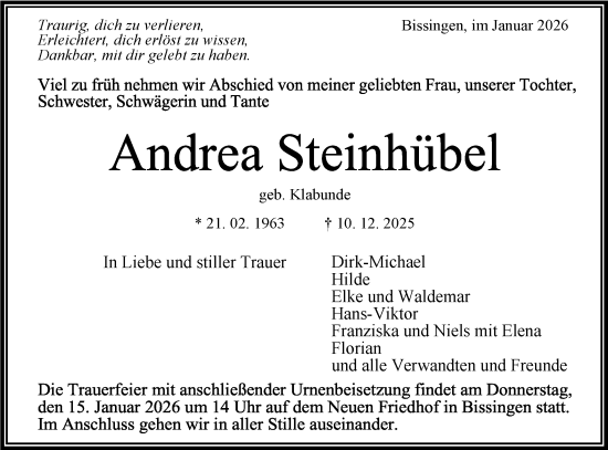 Traueranzeige von Andrea Steinhübel von Bietigheimer Zeitung