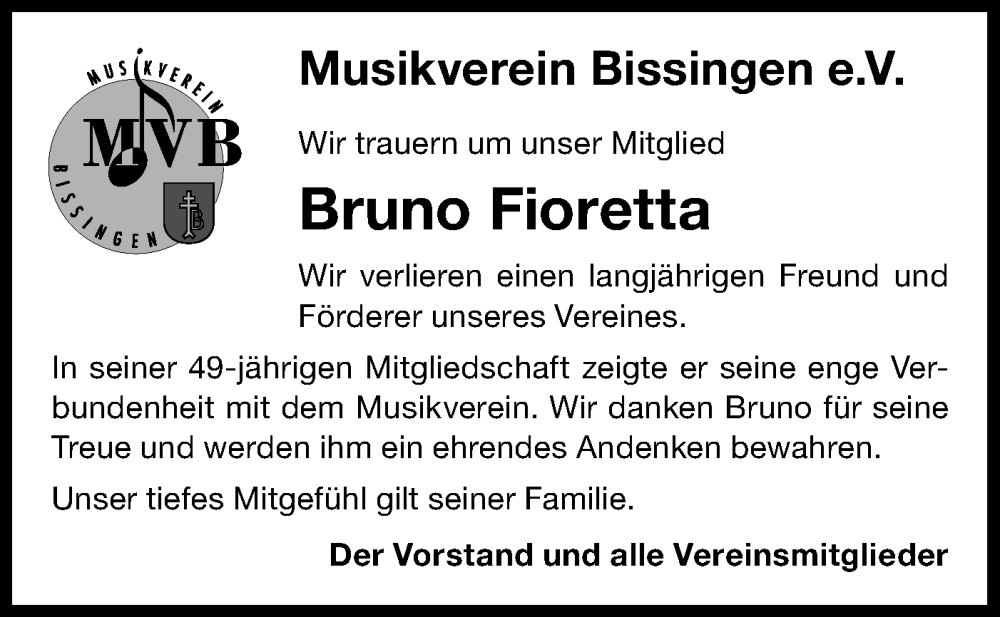  Traueranzeige für Bruno Fioretta vom 17.01.2026 aus Bietigheimer Zeitung