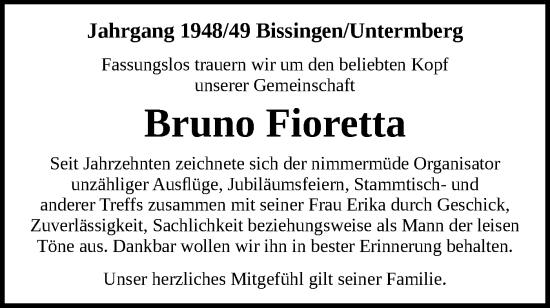 Traueranzeige von Bruno Fioretta von Bietigheimer Zeitung