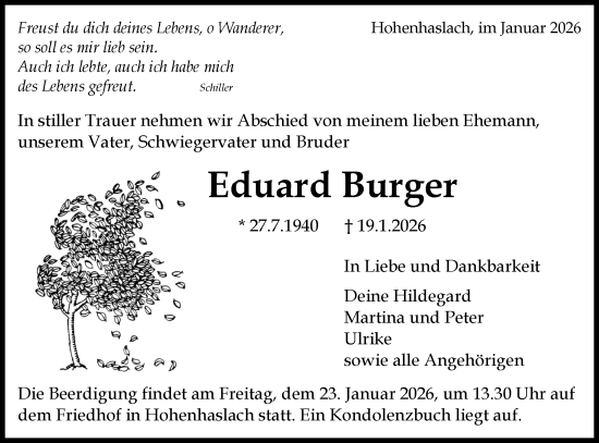 Traueranzeige von Eduard Burger von Bietigheimer Zeitung