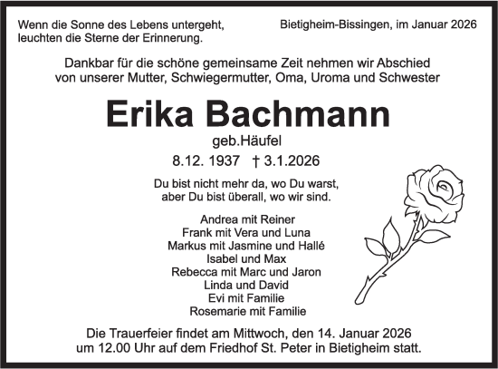 Traueranzeige von Erika Bachmann von Bietigheimer Zeitung