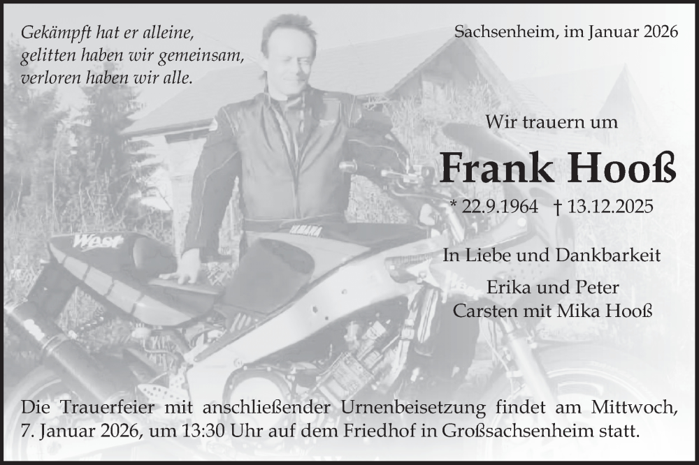  Traueranzeige für Frank Hooß vom 03.01.2026 aus Bietigheimer Zeitung