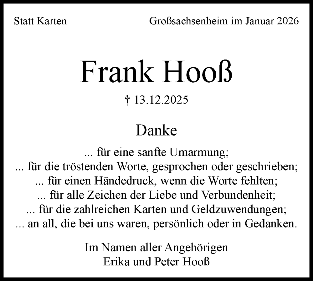  Traueranzeige für Frank Hooß vom 24.01.2026 aus Bietigheimer Zeitung