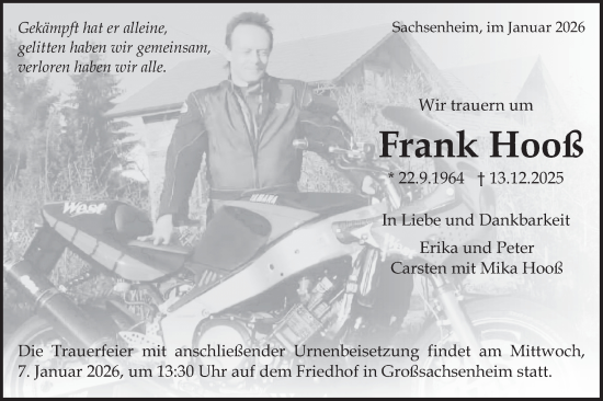 Traueranzeige von Frank Hooß von Bietigheimer Zeitung