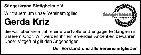 Traueranzeige von Gerda Kriz von Bietigheimer Zeitung