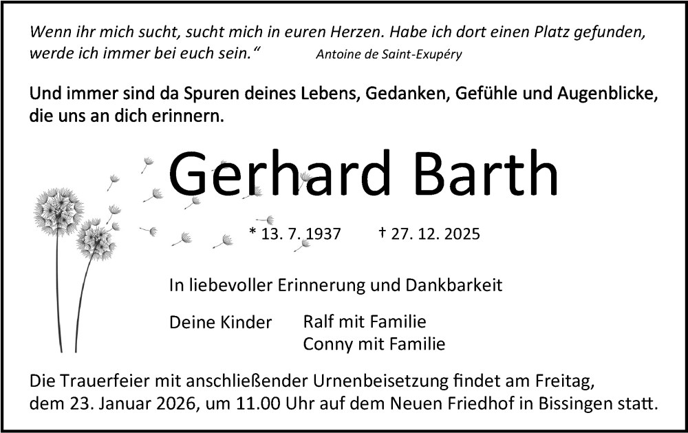  Traueranzeige für Gerhard Barth vom 17.01.2026 aus Bietigheimer Zeitung