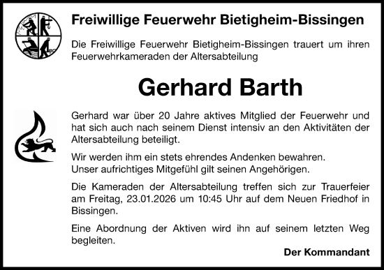 Traueranzeige von Gerhard Barth von Bietigheimer Zeitung