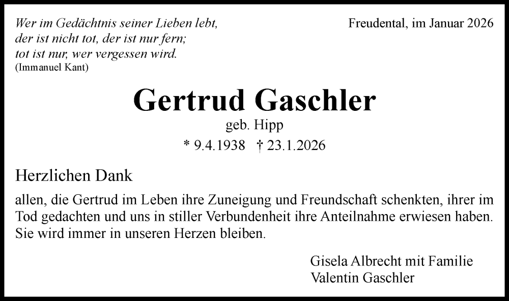  Traueranzeige für Gertrud Gaschler vom 31.01.2026 aus Bietigheimer Zeitung