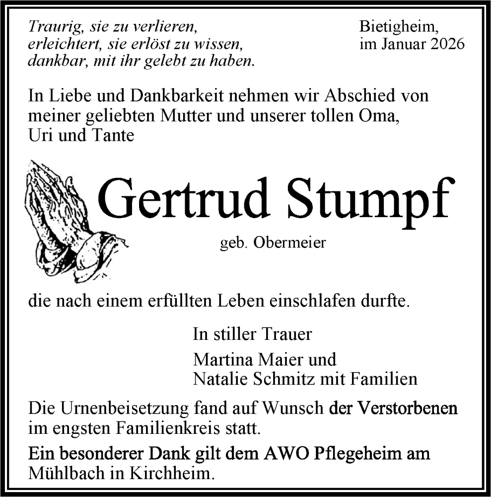  Traueranzeige für Gertrud Stumpf vom 31.01.2026 aus Bietigheimer Zeitung