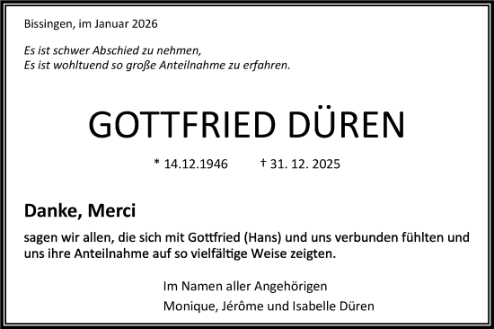Traueranzeige von Gottfried Düren von Bietigheimer Zeitung