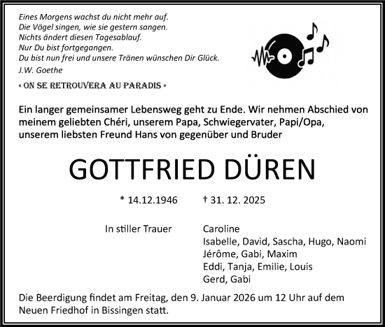 Traueranzeige von Gottfried Düren von Bietigheimer Zeitung