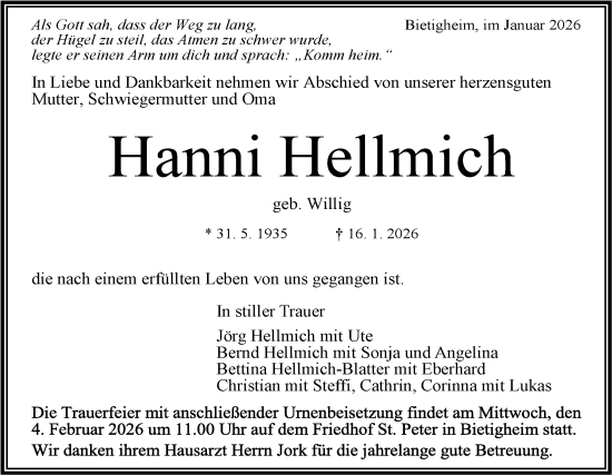 Traueranzeige von Hanni Hellmich von Bietigheimer Zeitung
