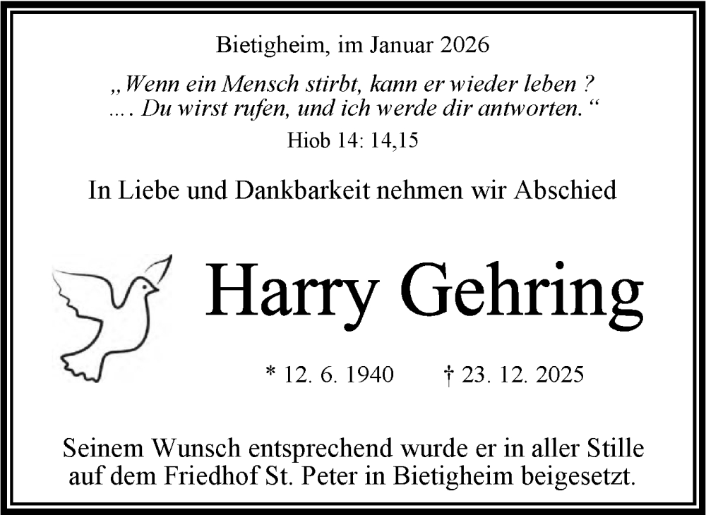  Traueranzeige für Harry Gehring vom 17.01.2026 aus Bietigheimer Zeitung