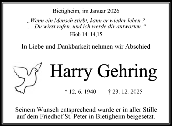 Traueranzeige von Harry Gehring von Bietigheimer Zeitung