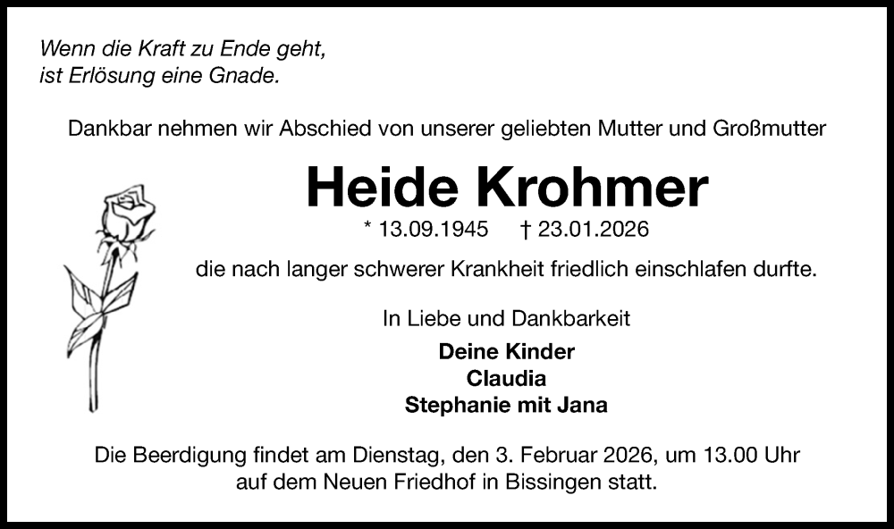  Traueranzeige für Heide Krohmer vom 29.01.2026 aus Bietigheimer Zeitung