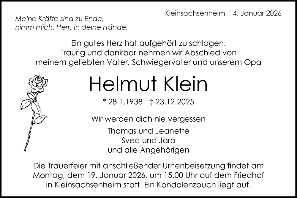  Traueranzeige für Helmut Klein vom 14.01.2026 aus Bietigheimer Zeitung